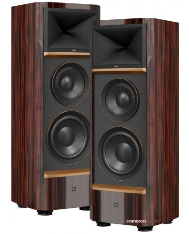 JBL Summit Pumori lüks ahşap kaplama hi-fi hoparlör çifti, siyah karbon fiber detaylı.