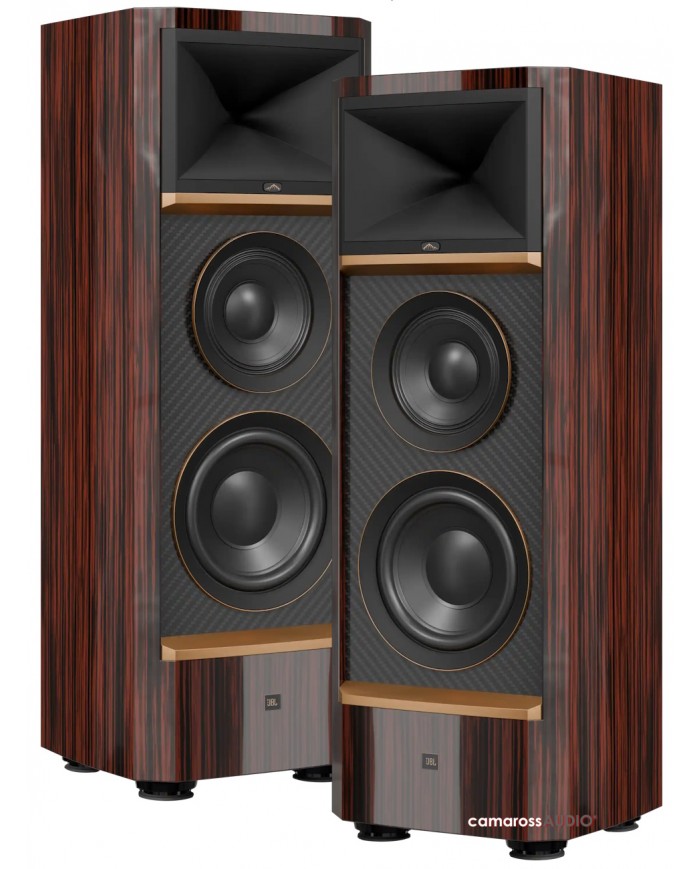 JBL Summit Pumori lüks ahşap kaplama hi-fi hoparlör çifti, siyah karbon fiber detaylı.
