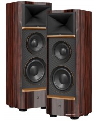 JBL Summit Pumori lüks ahşap kaplama hi-fi hoparlör çifti, siyah karbon fiber detaylı.