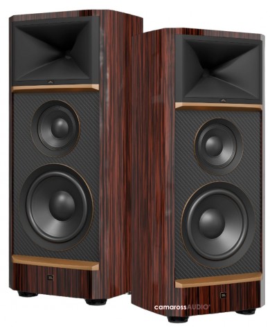 JBL Summit Makalu hoparlör, ahşap kaplama, karbon fiber ön panel, hi-fi ses.
