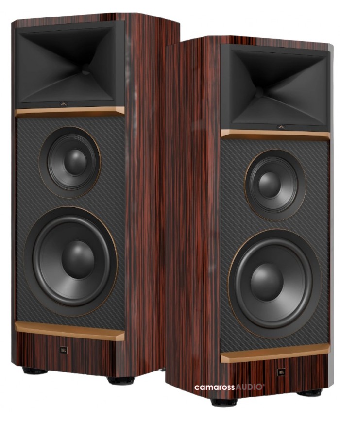 JBL Summit Makalu hoparlör, ahşap kaplama, karbon fiber ön panel, hi-fi ses.