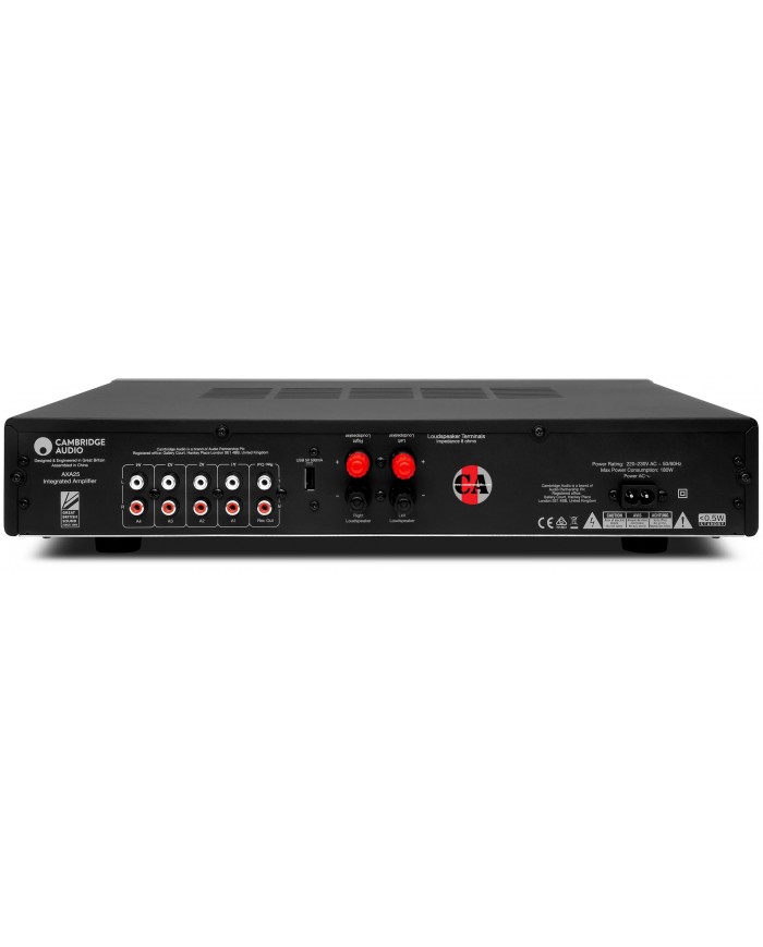 Cambridge Audio AXA25 Entegre Amplifikatör arka portları, siyah renkli.