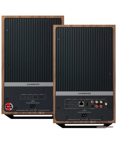 Cambridge Audio L/R X hoparlör arkası, ahşap çerçeveli, bağlantı portları.