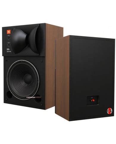 JBL 4425 Studio Monitor hoparlör, ahşap yanlara sahip siyah vintage hoparlör.