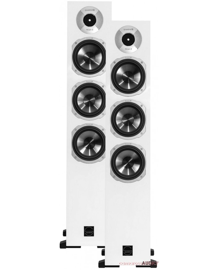 Quadral Signum 70 beyaz hoparlör çifti, metal konili woofer ve tweeter.