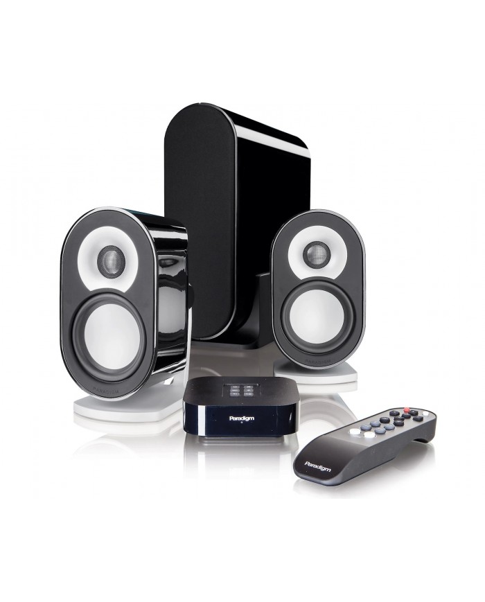 Paradigm Millenia CT-2 hoparlör seti, siyah parlak subwoofer ve uzaktan kumanda