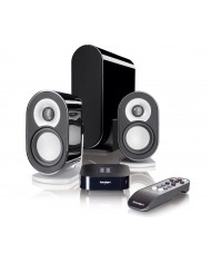 Paradigm Millenia CT-2 hoparlör seti, siyah parlak subwoofer ve uzaktan kumanda