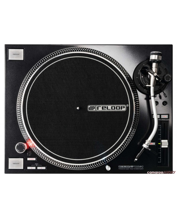 Siyah Reloop RP-7000 MK2 profesyonel DJ plak çalar üstten görünüm
