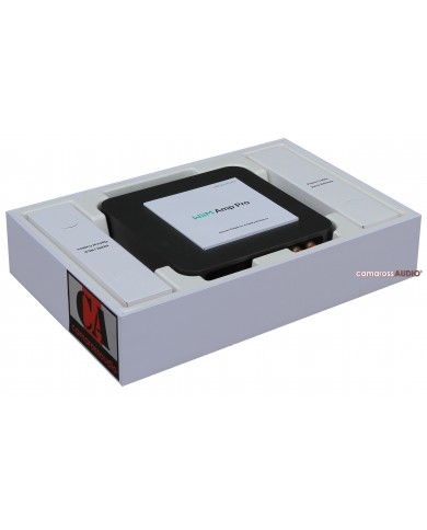 WiiM Amp Pro Hi-Fi ses amplifikatörü kutu açılışı, siyah ünite.