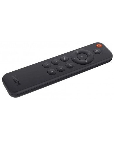 WiiM Amp Pro siyah uzaktan kumanda, ses kontrol ve oynatma düğmeli.