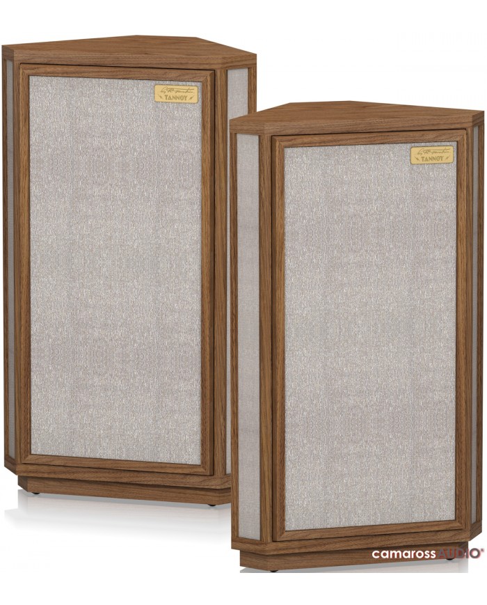 Tannoy AUTOGRAPH MINI-OW ahşap köşe hoparlör çifti, bej kumaş ızgaralı.