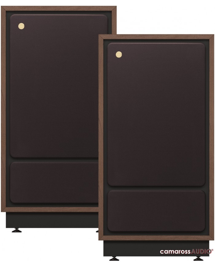Tannoy CHEVIOT hoparlör çifti, kahverengi ahşap çerçeveli, koyu kahverengi akustik panelli.