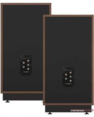 Tannoy Cheviot hoparlör çifti, ahşap çerçeveli siyah arka panel.