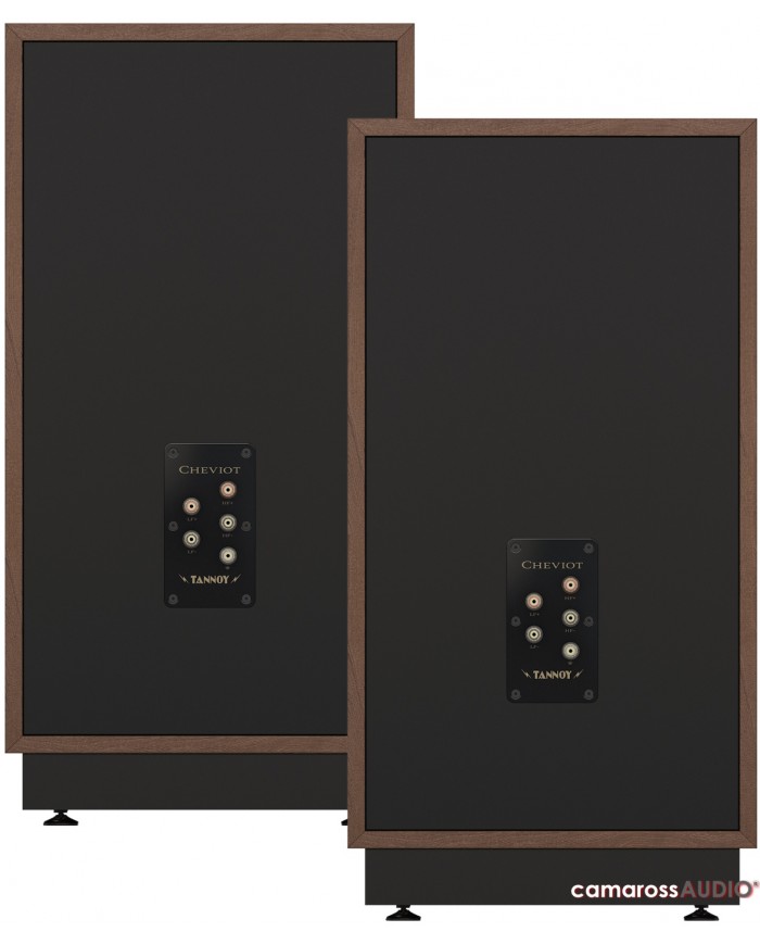 Tannoy Cheviot hoparlör çifti, ahşap çerçeveli siyah arka panel.