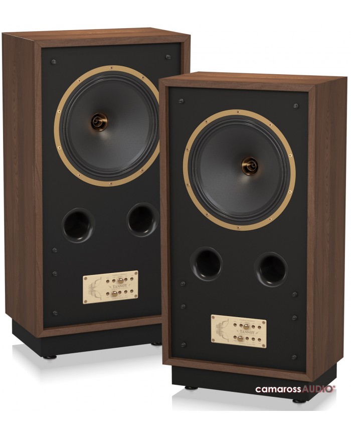 Tannoy CHEVIOT hoparlör, ahşap kaplama, siyah ön panel ve altın detaylar.