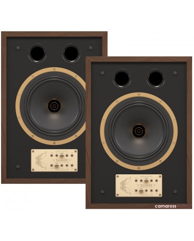 Tannoy EATON hoparlör, ahşap çerçeveli, retro tasarımlı, siyah ön panelli hi-fi ses sistemi.