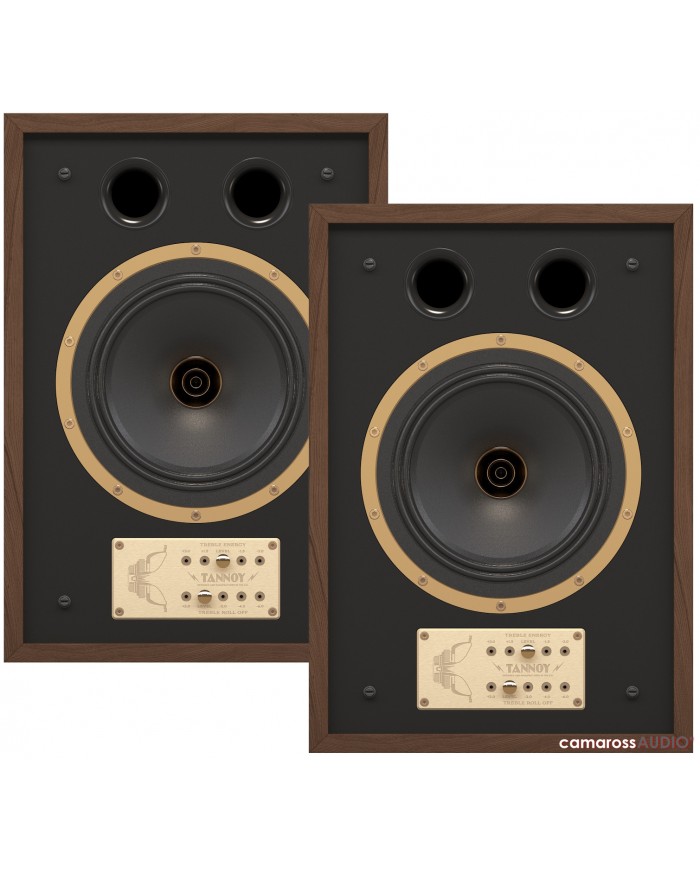 Tannoy EATON hoparlör, ahşap çerçeveli, retro tasarımlı, siyah ön panelli hi-fi ses sistemi.