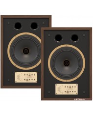 Tannoy EATON hoparlör, ahşap çerçeveli, retro tasarımlı, siyah ön panelli hi-fi ses sistemi.
