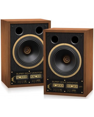 Tannoy SGM 10 Hi-Fi hoparlör, ahşap kasa ve altın detaylar.