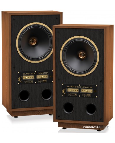 Tannoy SGM 12 hoparlör, ahşap kaplama, altın detaylı vintage hi-fi ses sistemi.