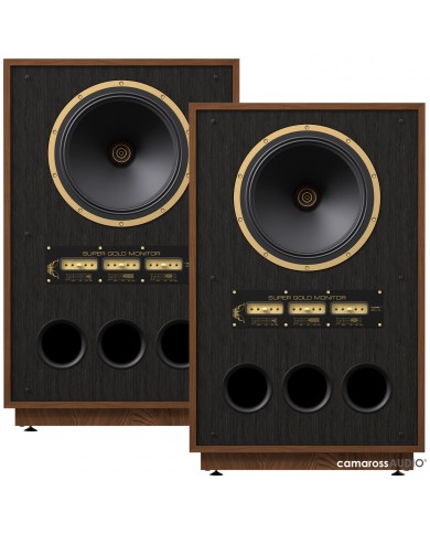 Tannoy SGM 15 hoparlör çifti, siyah ahşap ve altın detaylı Hi-Fi ses sistemi.