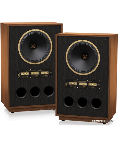 Tannoy SGM 15 hoparlör, ahşap kasa, altın detaylı, vintage hi-fi ses sistemi.