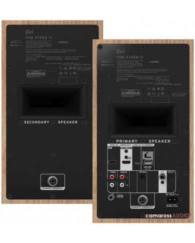 Klipsch The Fives II ahşap kasalı hoparlör arka bağlantı paneli detay.