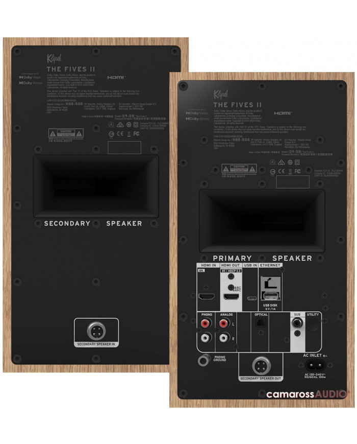Klipsch The Fives II ahşap kasalı hoparlör arka bağlantı paneli detay.
