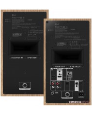 Klipsch The Fives II ahşap kasalı hoparlör arka bağlantı paneli detay.