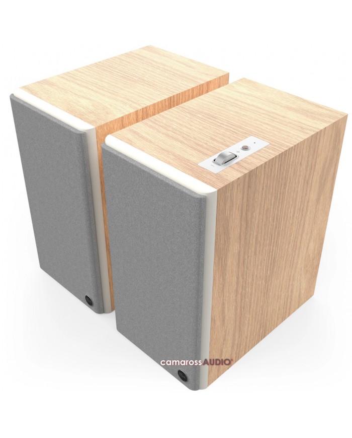Klipsch SEVENS II ahşap kabinli, gri kumaş kaplı aktif hoparlör çifti.