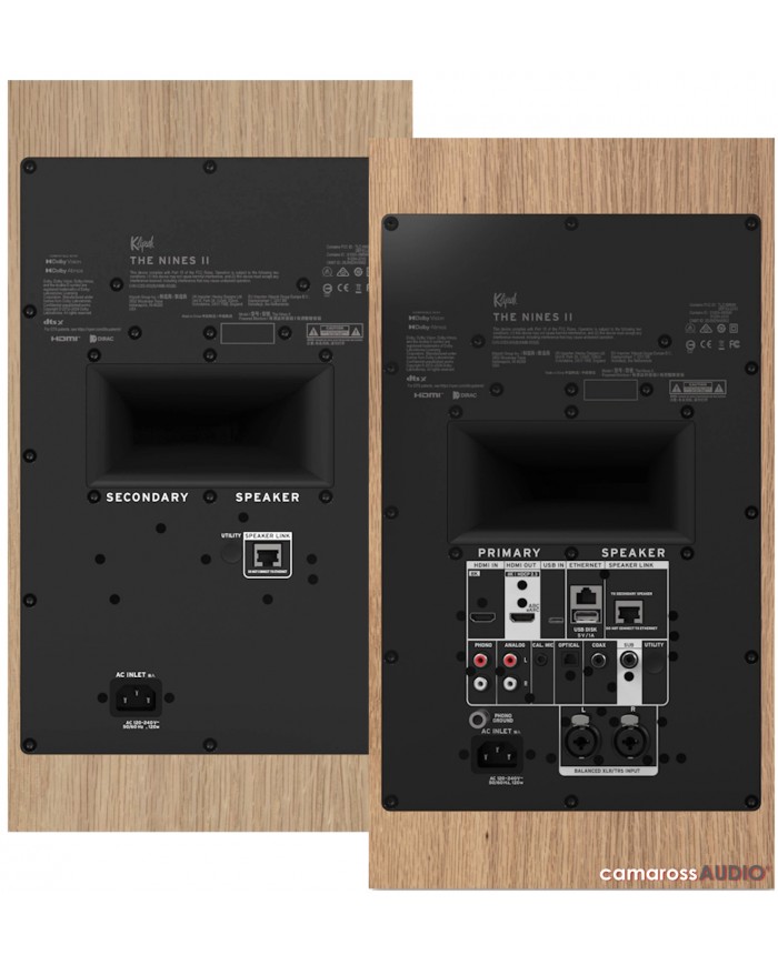 Klipsch The Nines II hoparlör arkası bağlantı portları, ahşap kaplama.