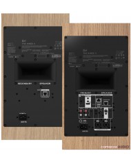 Klipsch The Nines II hoparlör arkası bağlantı portları, ahşap kaplama.