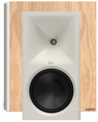 Klipsch NINES II hoparlör, beyaz/açık ahşap kaplama, horn tweeter ve woofer.