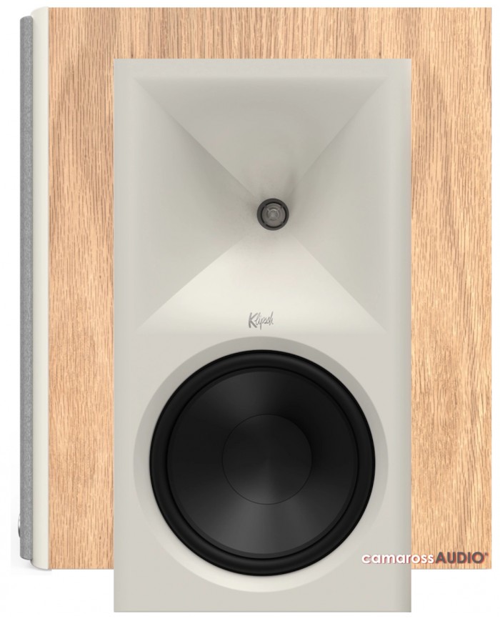 Klipsch NINES II hoparlör, beyaz/açık ahşap kaplama, horn tweeter ve woofer.