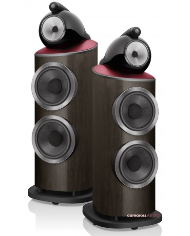 Bowers & Wilkins 801 Abbey Road Limited hoparlör, koyu ahşap ve kırmızı detaylı.