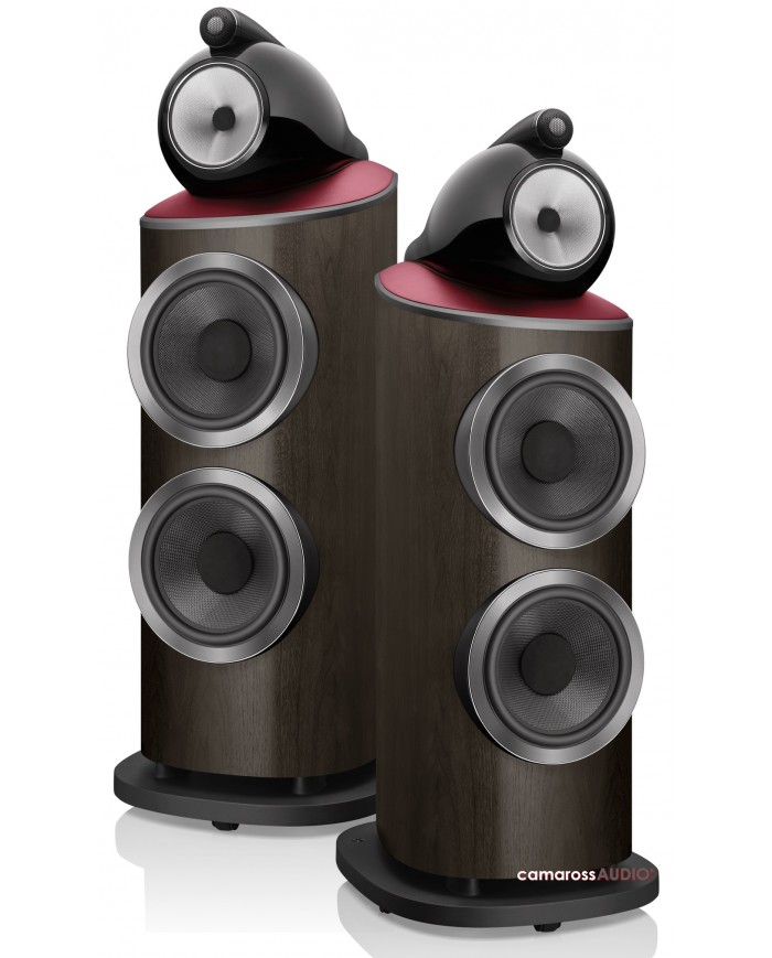 Bowers & Wilkins 801 Abbey Road Limited hoparlör, koyu ahşap ve kırmızı detaylı.