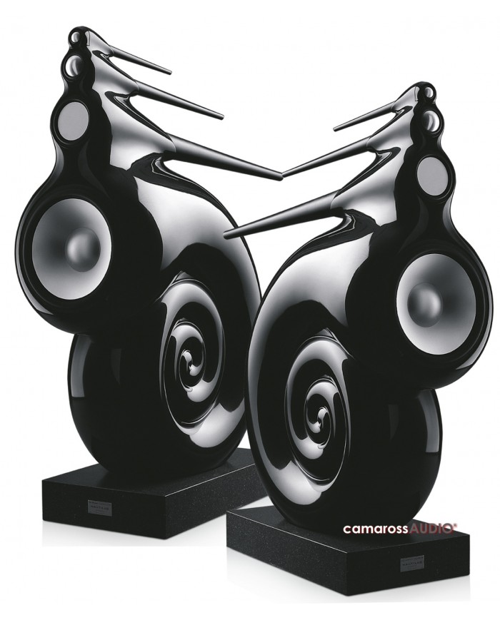 Bowers & Wilkins Nautilus hoparlör siyah parlak, ikonik kabuk tasarımı.