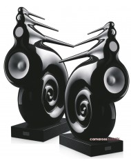 Bowers & Wilkins Nautilus hoparlör siyah parlak, ikonik kabuk tasarımı.