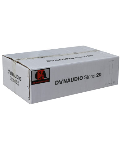 Dynaudio Stand 20 hoparlör standı kutusu, beyaz karton ambalaj.
