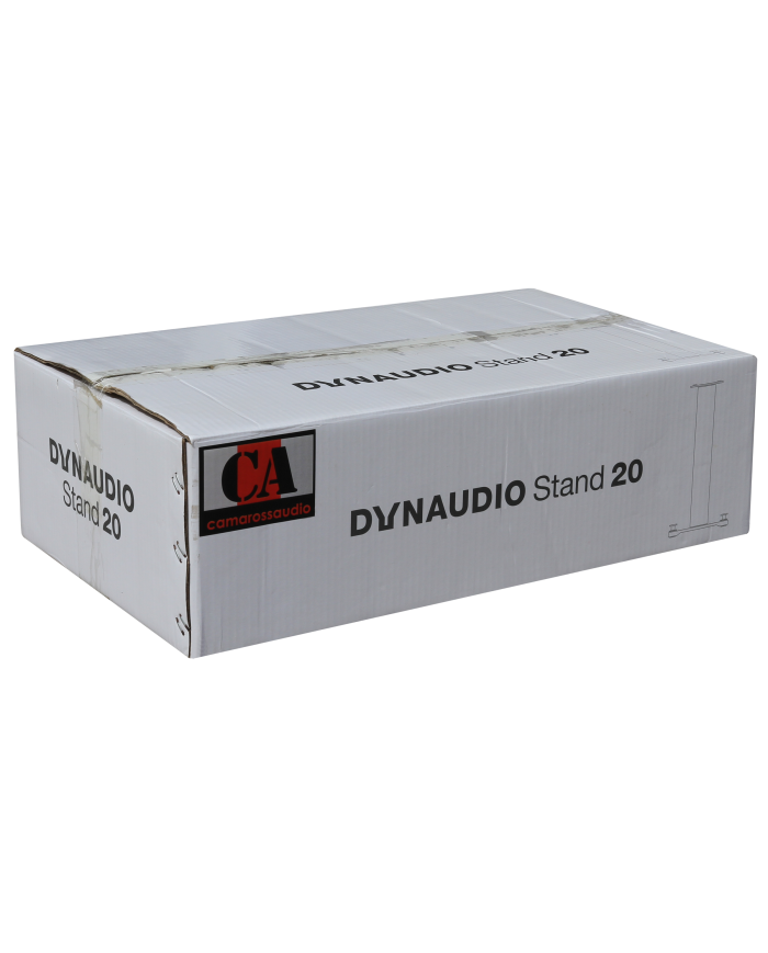 Dynaudio Stand 20 hoparlör standı kutusu, beyaz karton ambalaj.