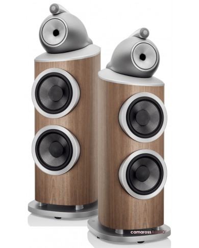 Bowers & Wilkins 801 D4 hoparlör, ceviz kaplama, gümüş detaylı, şık stereo set.