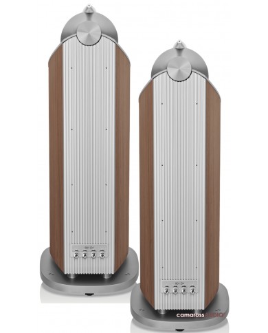 Bowers & Wilkins 801 D4 hoparlör arkası, ceviz kaplama, gümüş detaylı.