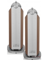 Bowers & Wilkins 801 D4 hoparlör arkası, ceviz kaplama, gümüş detaylı.
