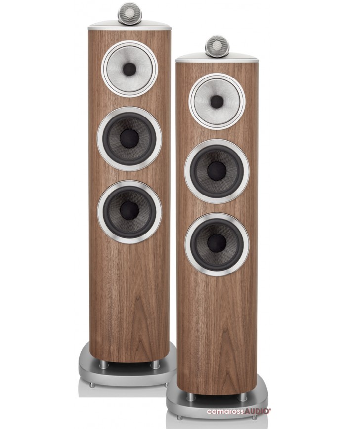 Bowers & Wilkins 804 D4 Walnut hoparlör çifti, gümüş detaylı high-end ses sistemi