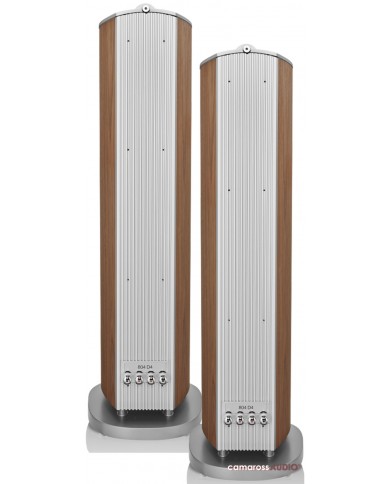 Bowers & Wilkins 804 D4 hoparlör arkası, ahşap kaplama ve gümüş detaylar.