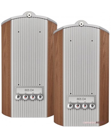 Bowers & Wilkins 805 D4 hoparlör, ahşap kaplama ve gümüş detaylar.