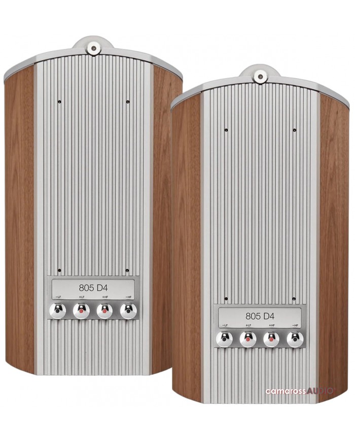 Bowers & Wilkins 805 D4 hoparlör, ahşap kaplama ve gümüş detaylar.