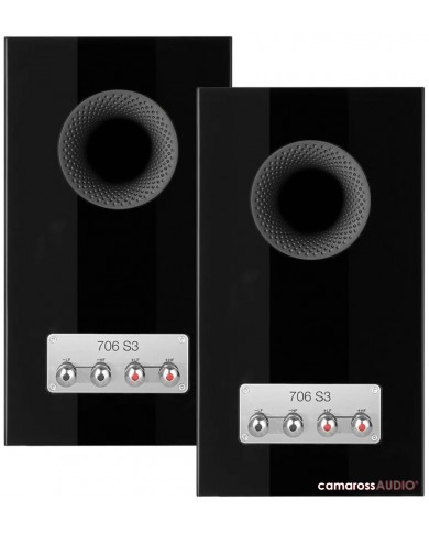 Bowers & Wilkins 706 S3 siyah parlak hoparlör çifti arka bağlantı terminalleri.