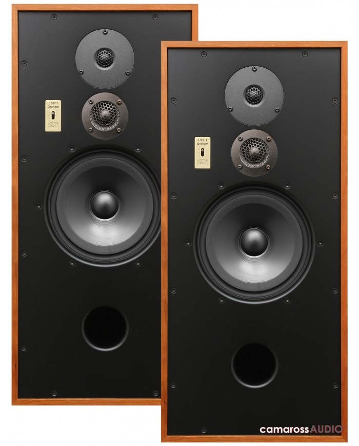 Graham Audio LS8/1 hoparlör çifti, ahşap çerçeveli retro Hi-Fi ses sistemi.