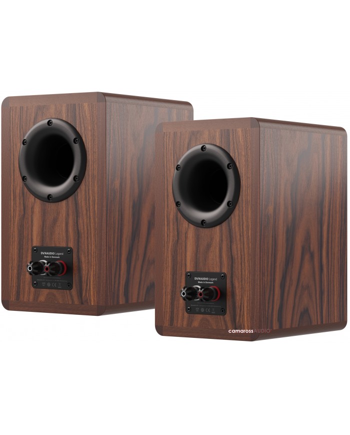Dynaudio Legend hoparlör arkası, ahşap kaplama, bas refleks portu ve bağlantı terminalleri.